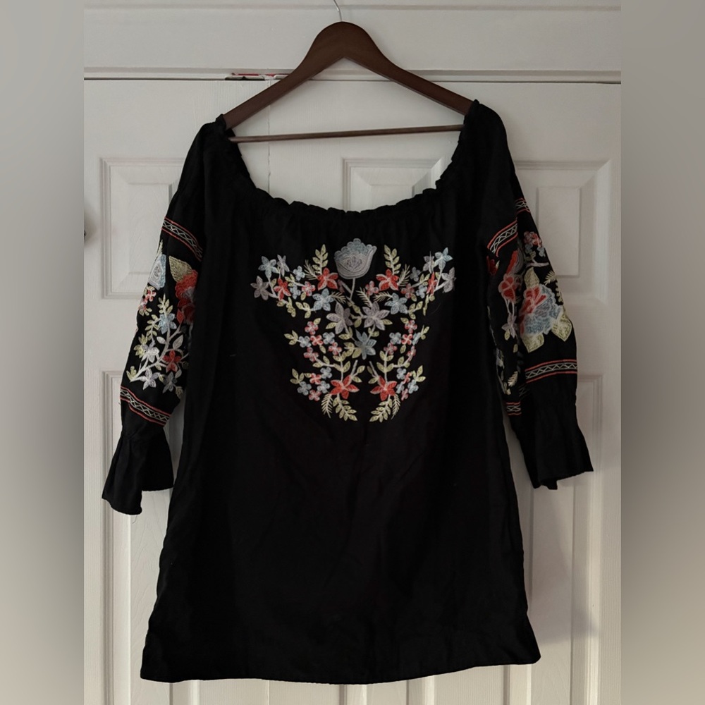 Free People Fleur Du Jour Embroidered Black Off‎ The Shoulder Dress Small EUC